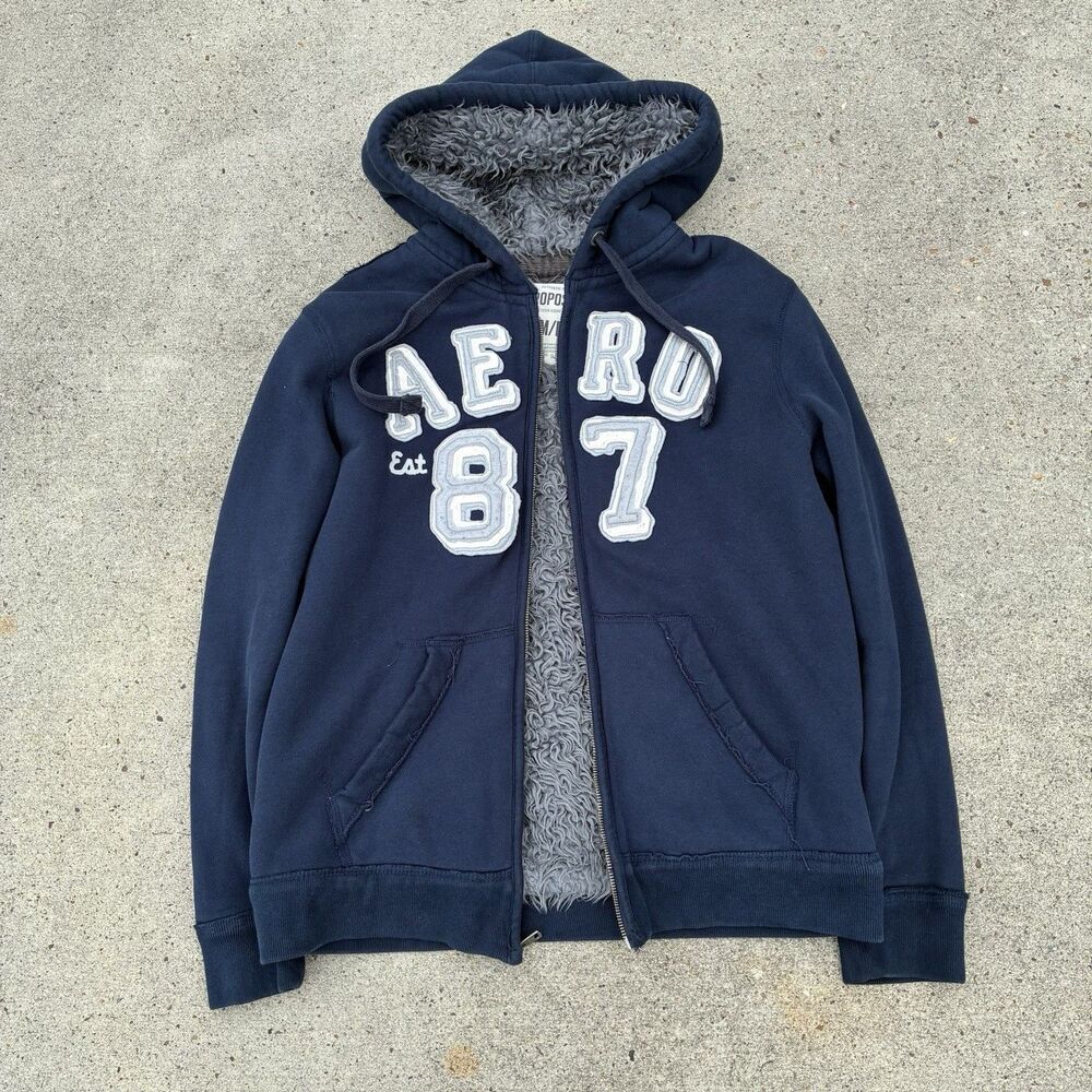 Vintage Y2K Aeropostale Fur Lined Full Zip Hoodie Mens Medium Cyber Grunge